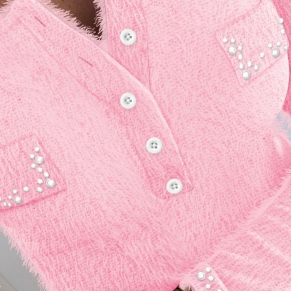 CHICME Pink Fuzzy Long Sleeve Top with Pearl Accents Size M